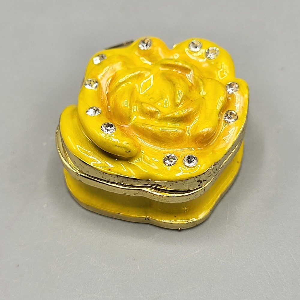 Work of Art Mini Trinket Pill Box Enamel Rose Rhinestone Yellow Shelf Decor